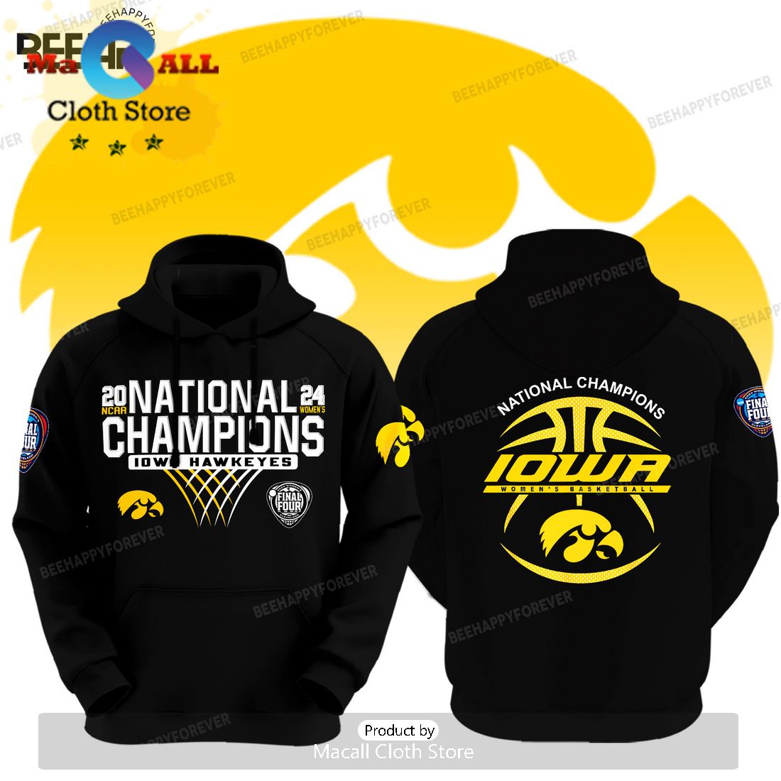 Iowa Hawkeyes 2024 NCAA Basketball Champion Black Hoodie Iowa Hawkeyes 2024 NCAA Basketball Champion Black Hoodie