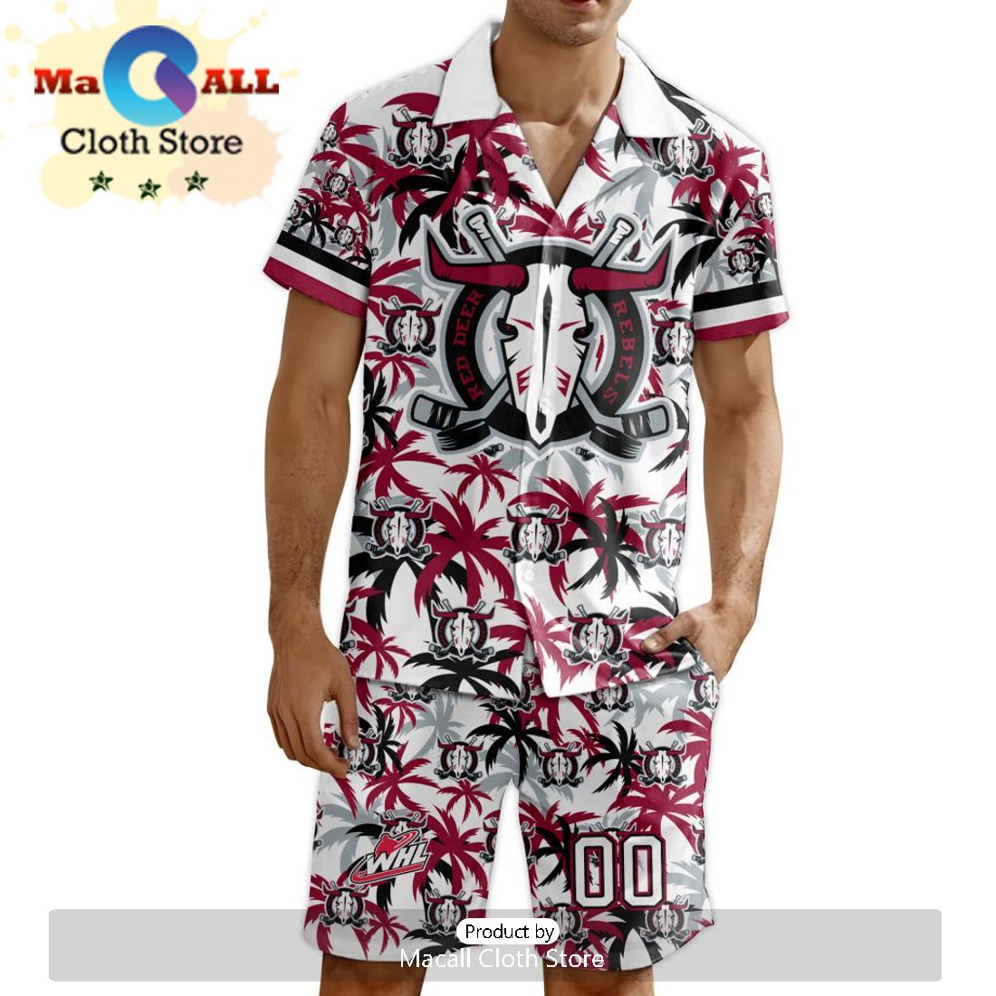 Custom Red Deer Rebels Hawaiian Shirt And Short Pant Using Away Jersey