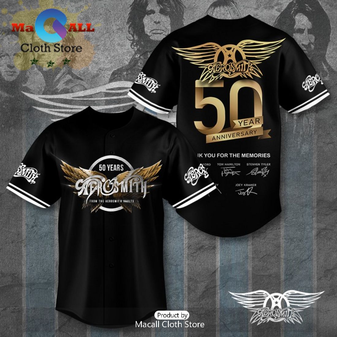 Aerosmith 50 Years Anniversary Black Baseball Jersey