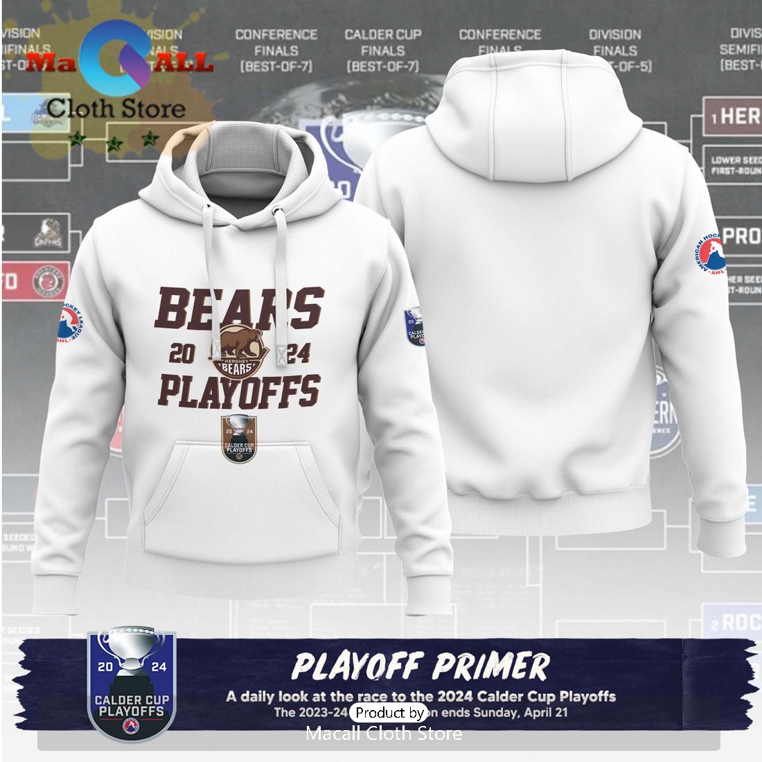 Personalized AHL Hershey Bears 2024 Playoffs White Hoodie