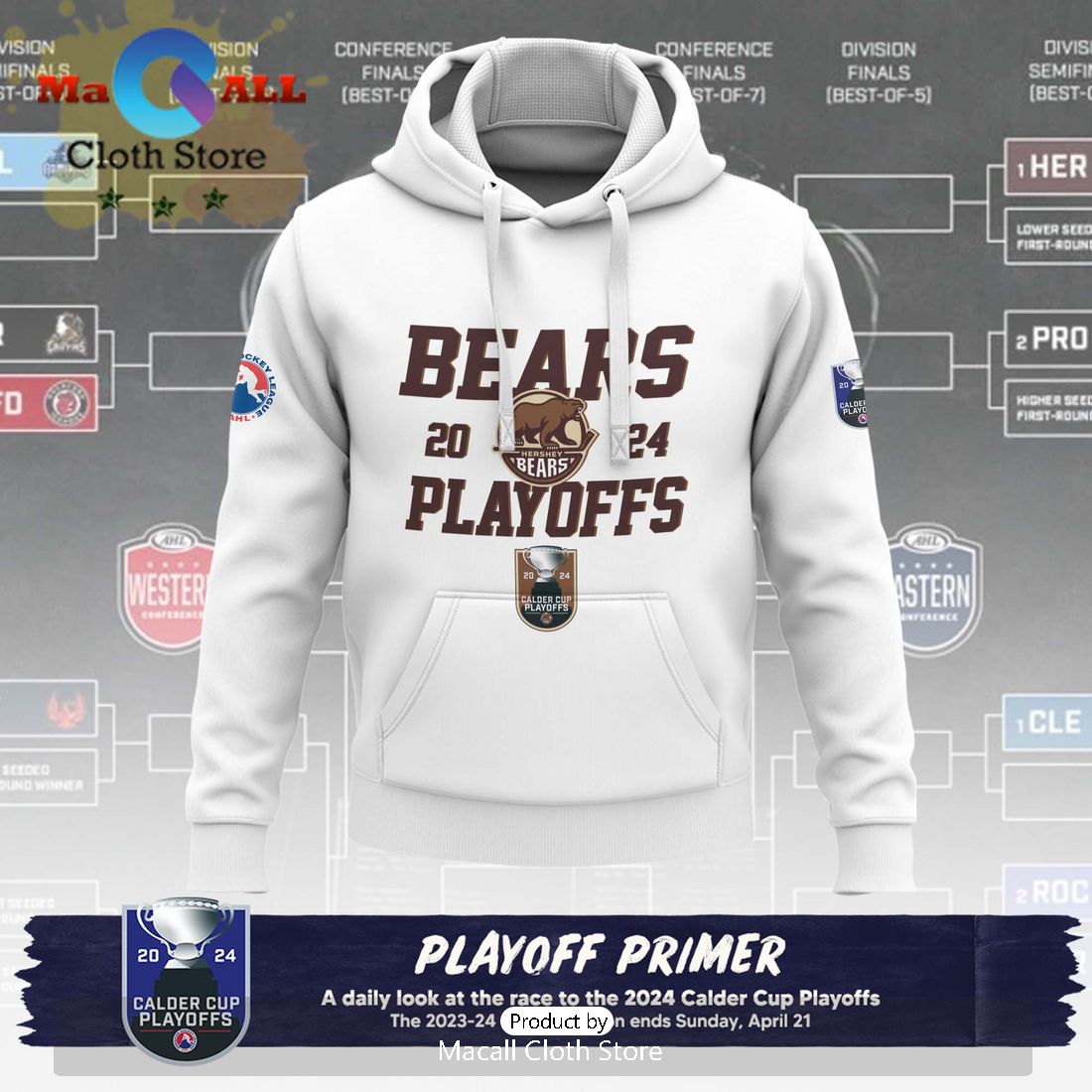 Personalized AHL Hershey Bears 2024 Playoffs White Hoodie