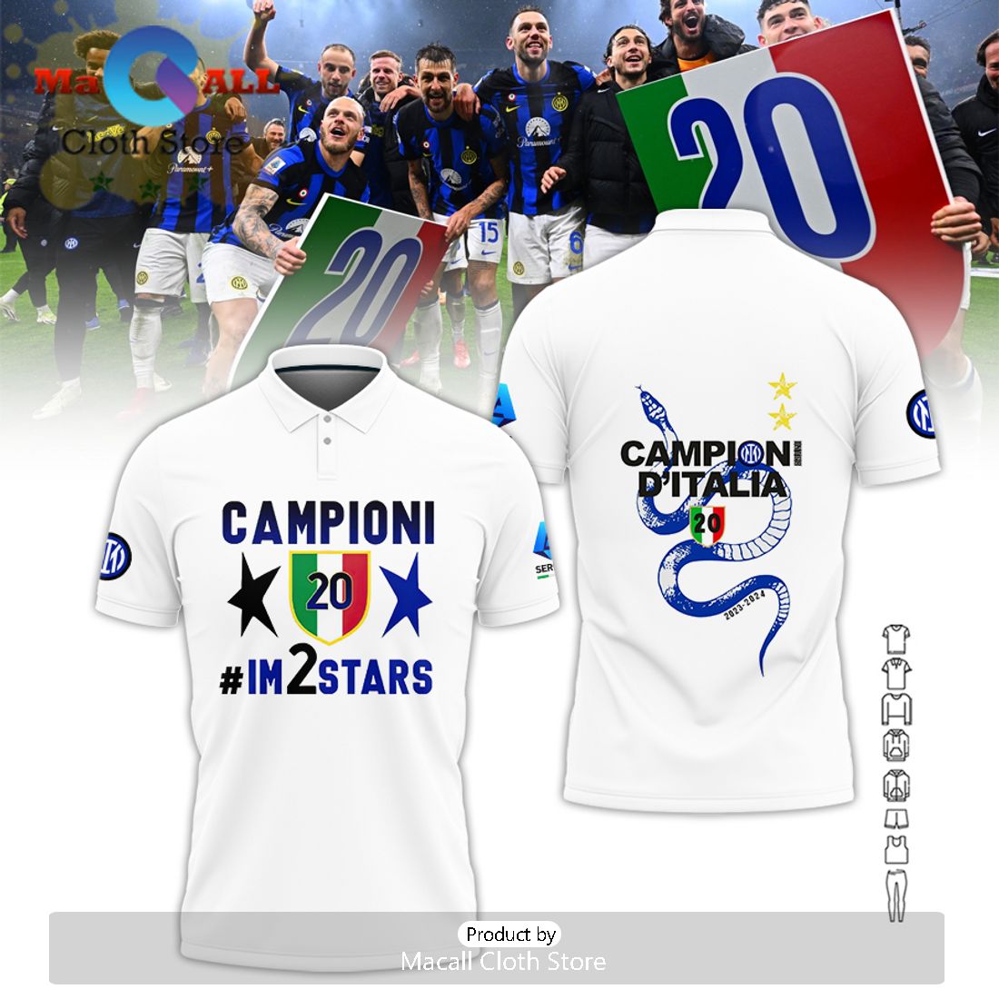 Serie A Champions Inter Milan All Over Printed White Polo