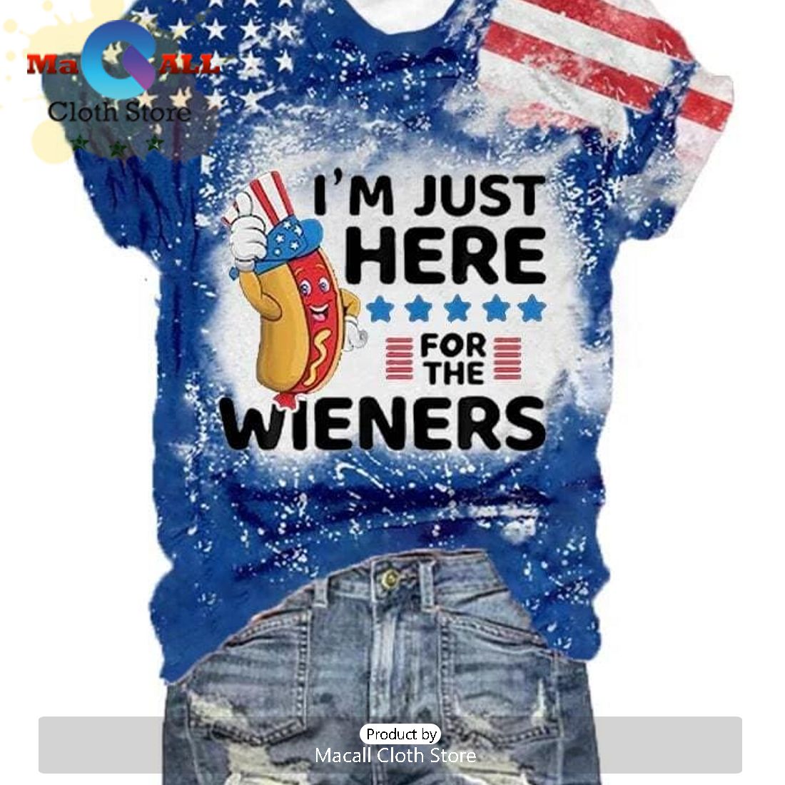 Women’s Independence Day I’m Just Here For The Wieners Flag Print Shirt
