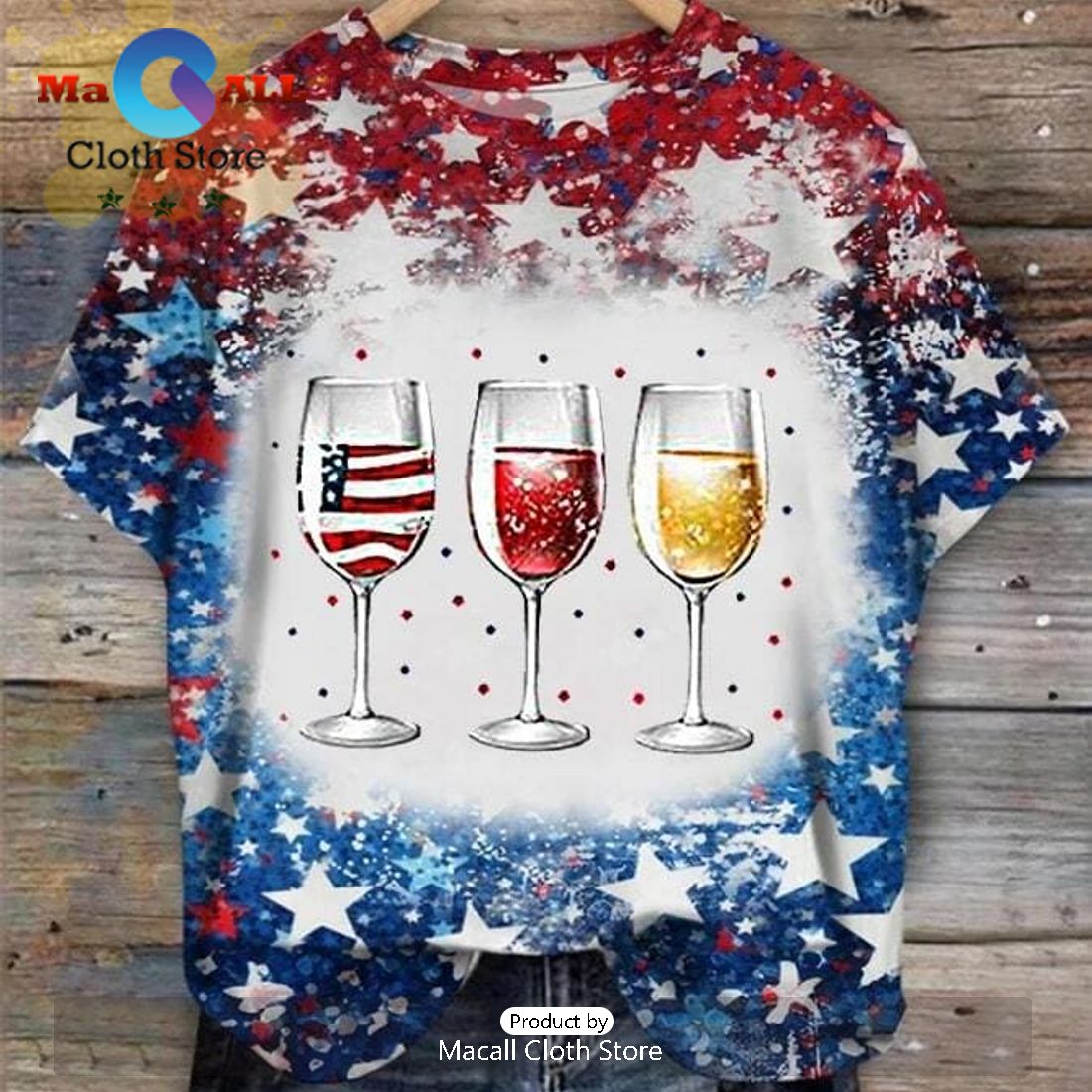 Women’s Independence Day Red Wine Blue Wine Glass Shirt