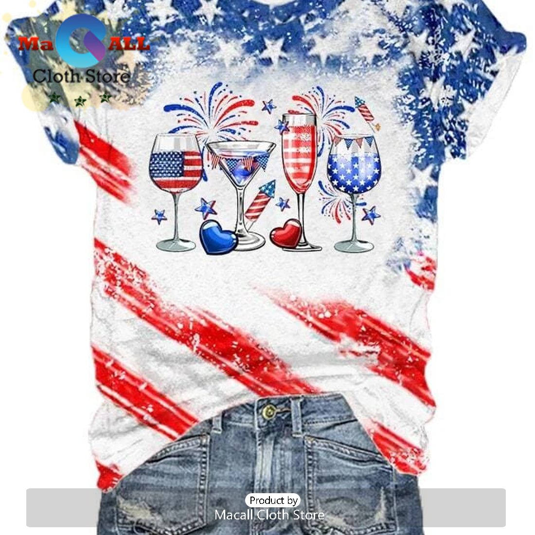 Women’s Independence Day Red Wine Glass Flag Printed Round Neck Shirt