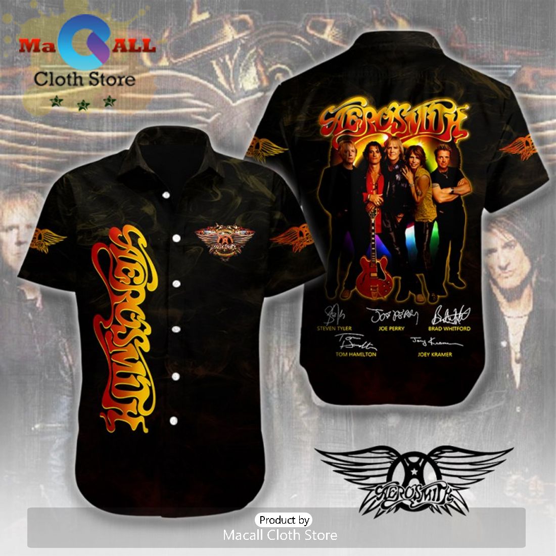 Aerosmith Music Band Signatures Black Hawaiian Shirt