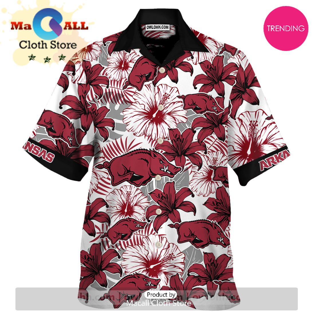 Arkansas Razorbacks White And Dark Red Flowers Hawaiian Shirt