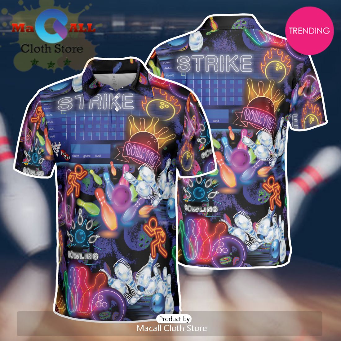Neon Strike Bowling Team Polo Shirt For Men