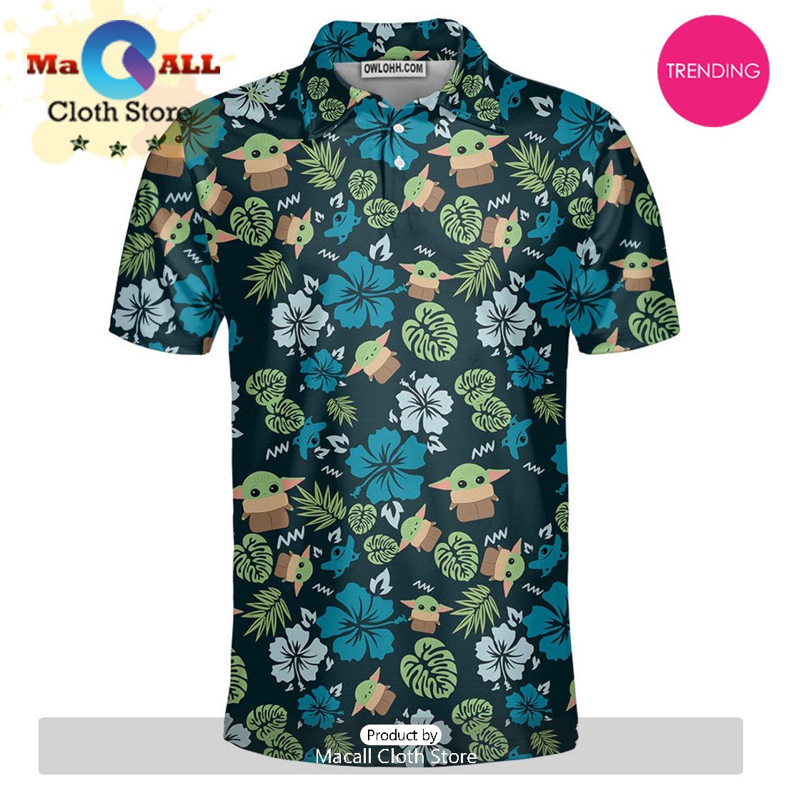 Star Wars The Mandalorian Grogu Baby Yoda Leaves Polo Shirt