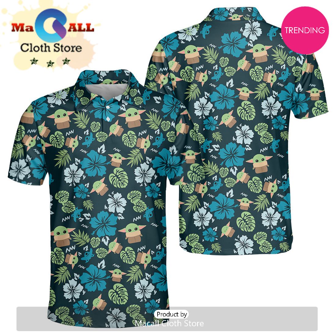 Star Wars The Mandalorian Grogu Baby Yoda Leaves Polo Shirt
