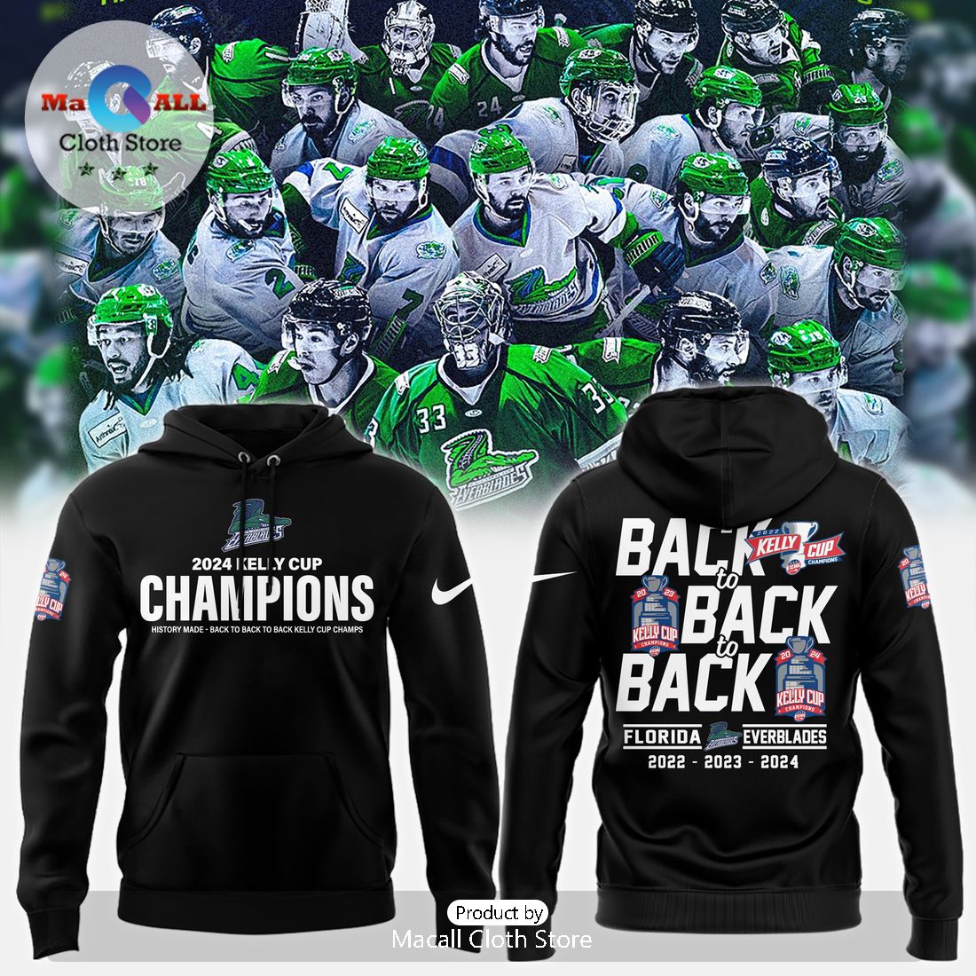 2024 Florida Everblades Kelly Champions Black Hoodie 3D