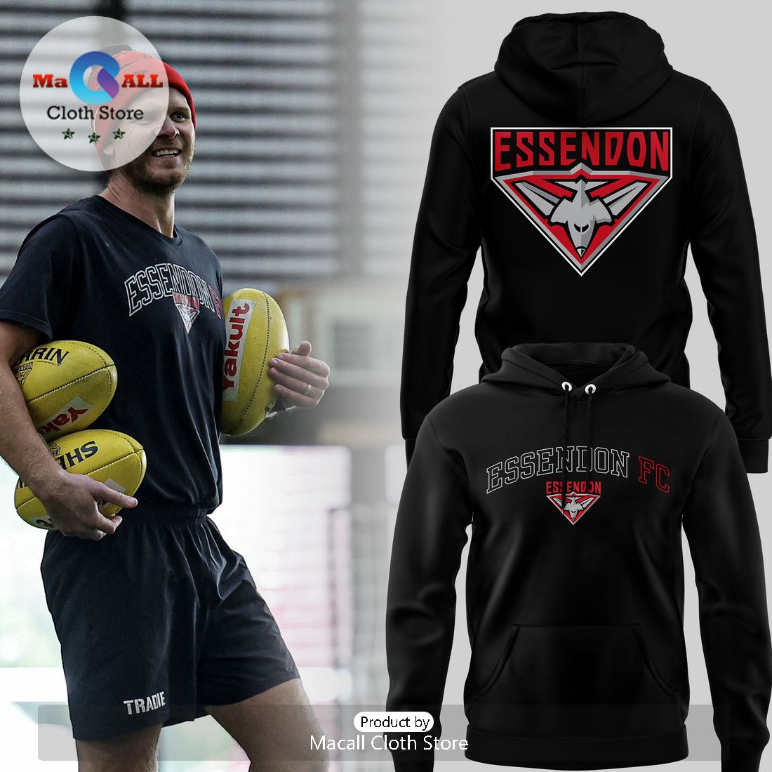 AFL Essendon FC 2024 Black Hoodie 3D