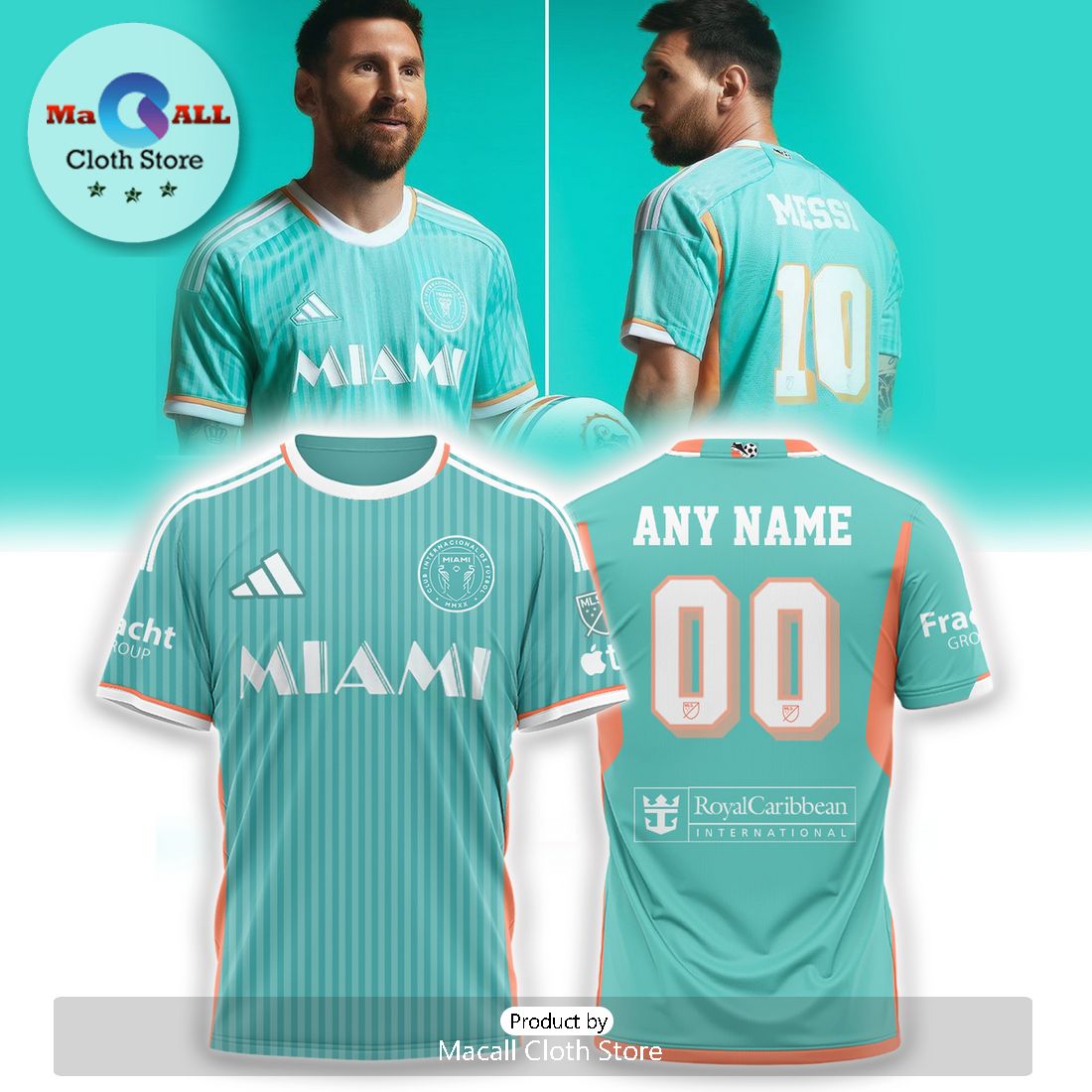 Custom Inter Miami Men’s Lionel Messi Aqua 3D Hoodie