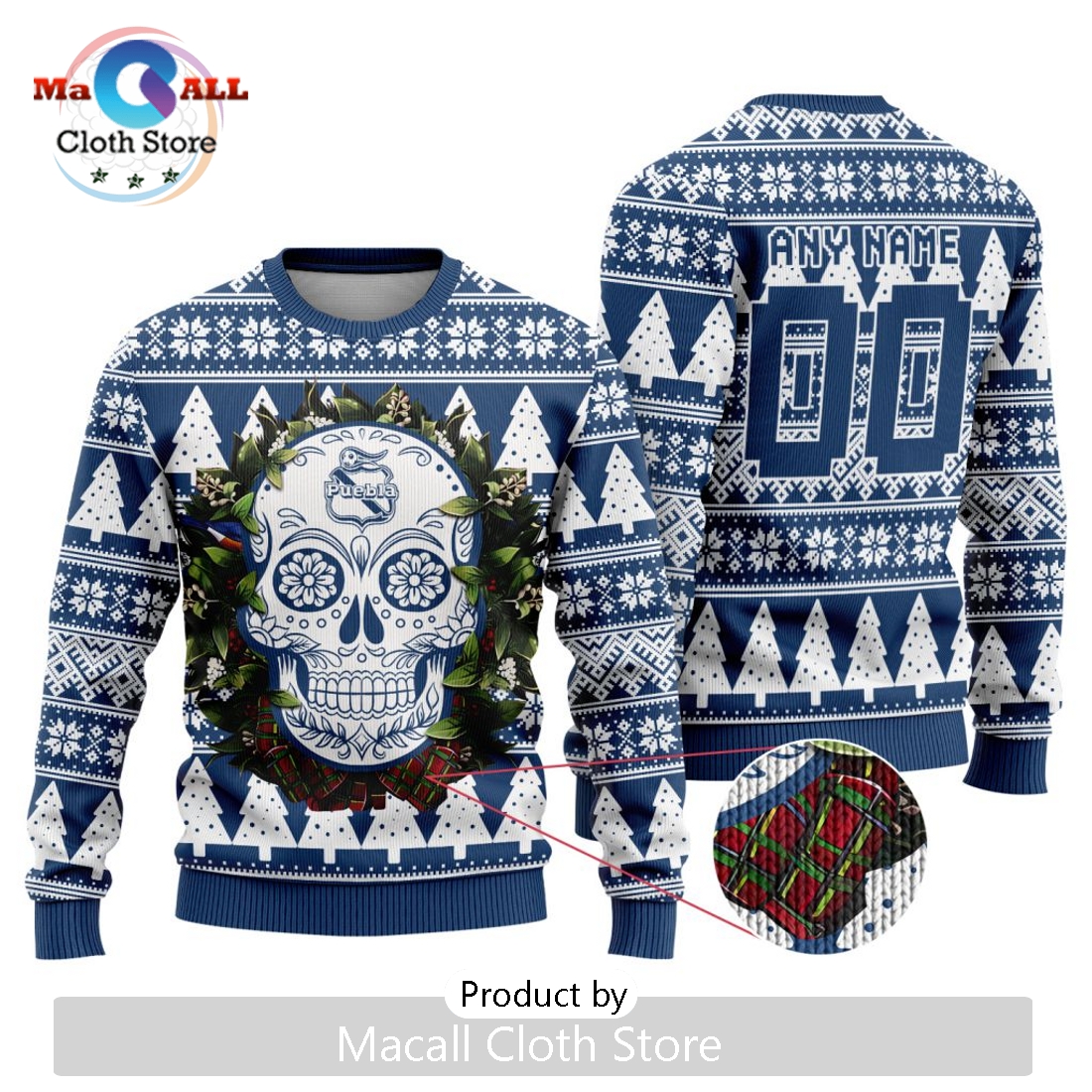 LIGA MX Club Puebla 2024 Sugar Skull Christmas Sweater