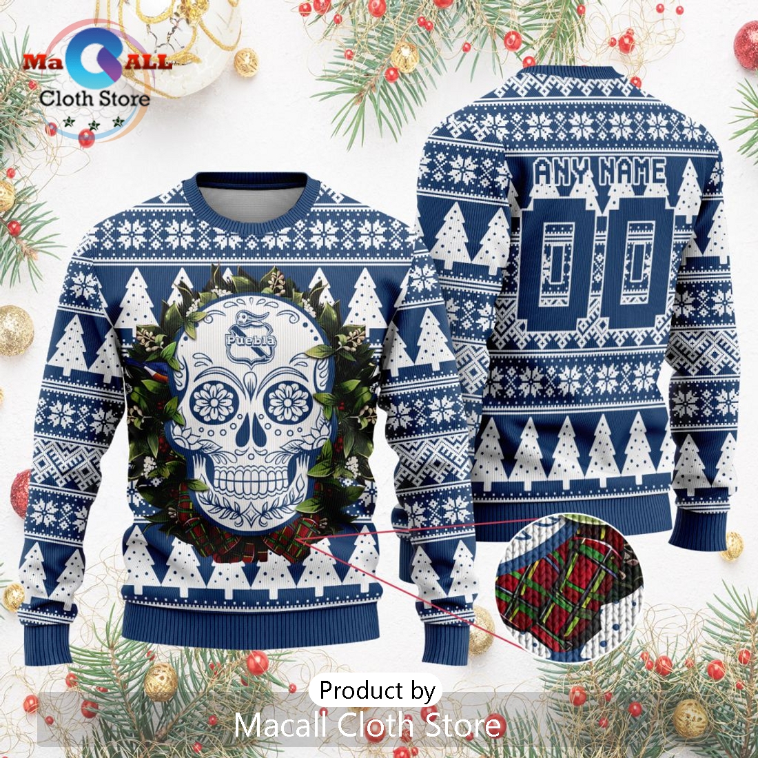 LIGA MX Club Puebla 2024 Sugar Skull Christmas Sweater