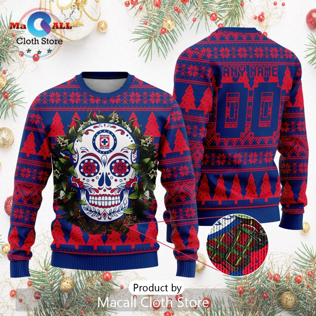 LIGA MX Cruz Azul 2024 Sugar Skull Christmas Sweater