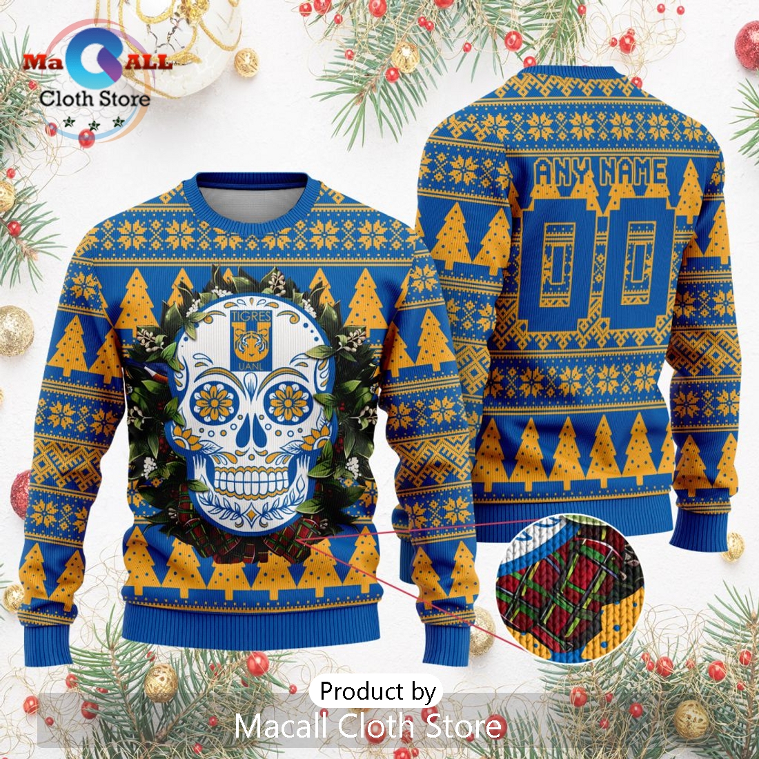LIGA MX Tigres UANL 2024 Sugar Skull Christmas Sweater