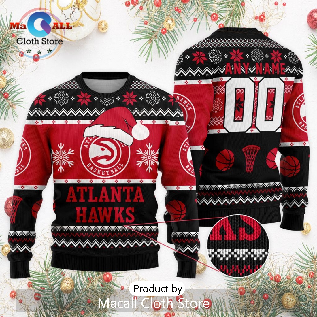 Personalized NBA Atlanta Hawks 2024 Christmas Ugly Sweater