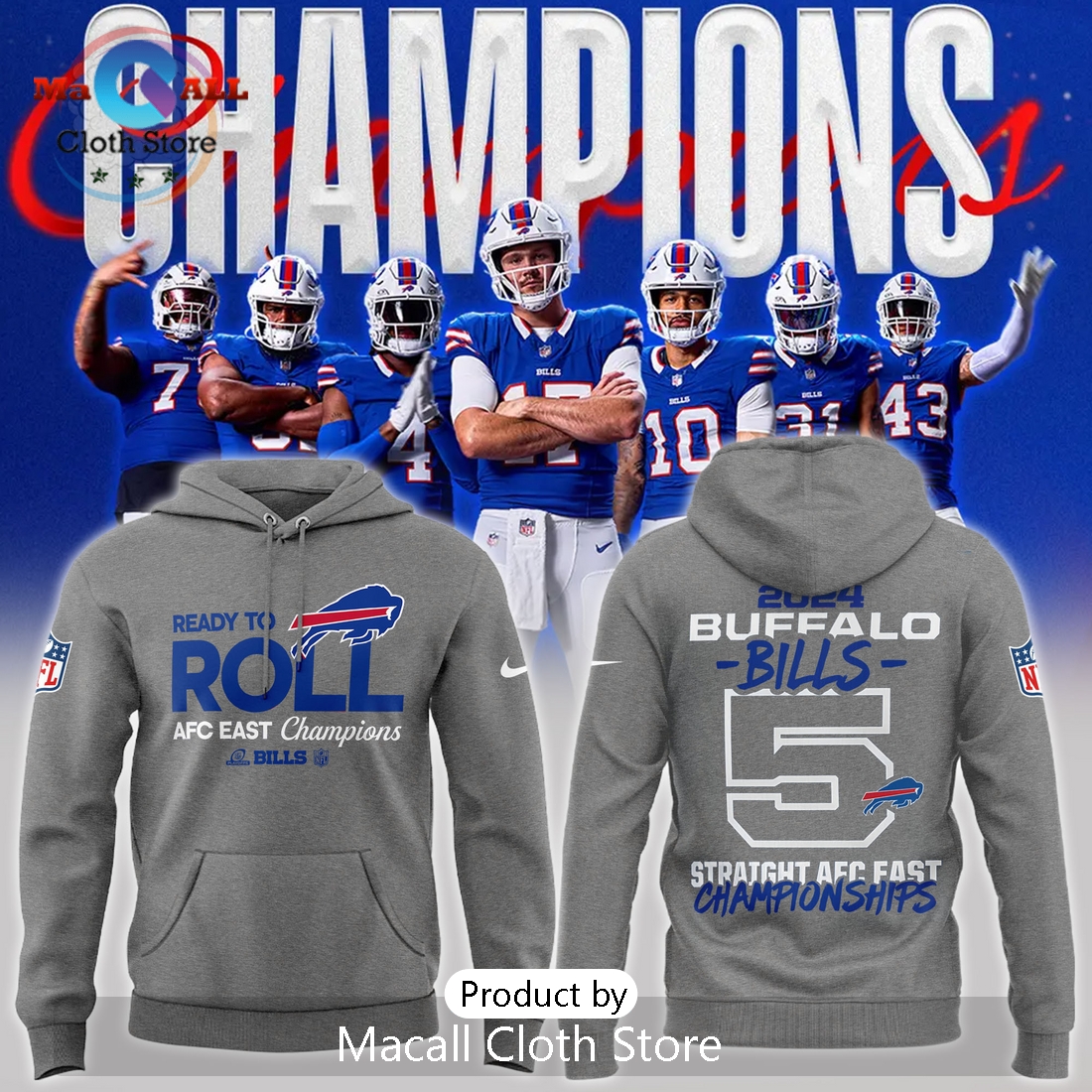 2024 East Division Champions Buffalo Bills Grey Hoodie 3D
