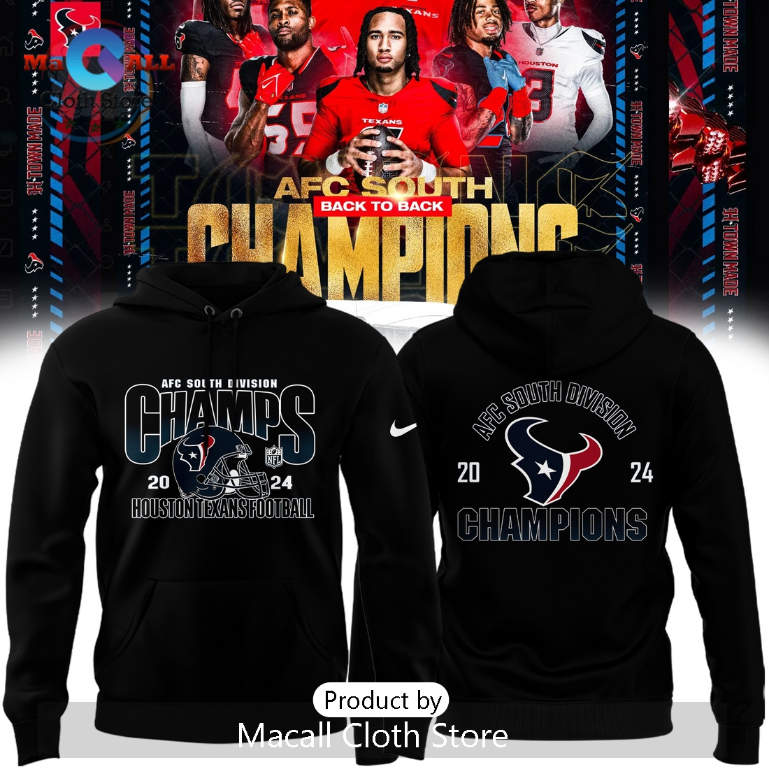 AFC South Division Champions Houston Texans Black Hoodie 3D