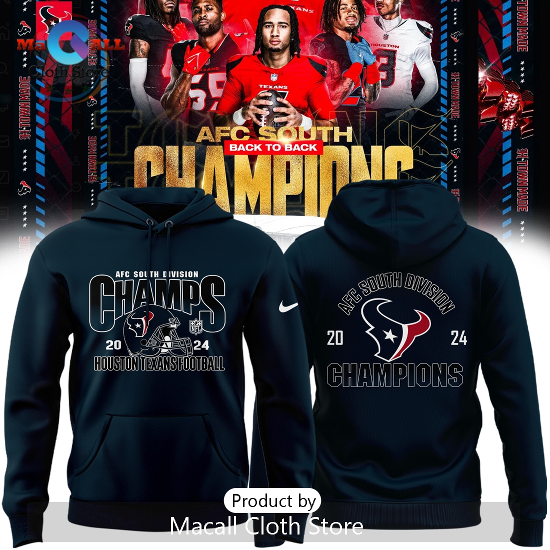 AFC South Division Champions Houston Texans Navy Hoodie 3D