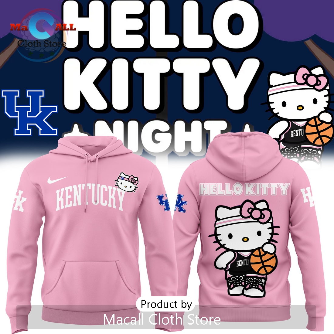 New Hello Kitty x Kentucky Wildcats Pink Hoodie 3D New Hello Kitty x Kentucky Wildcats Pink Hoodie 3D