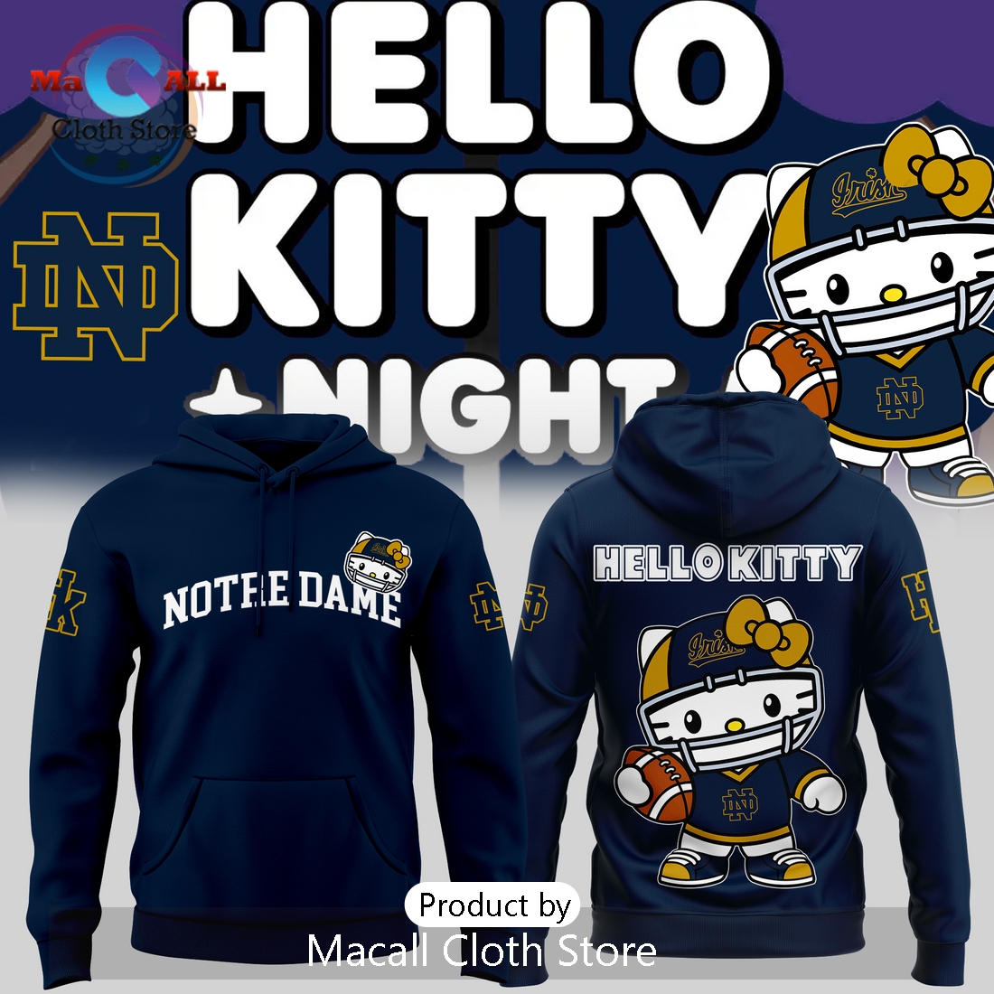 New Hello Kitty x Notre Dame Navy Football Hoodie 3D New Hello Kitty x Notre Dame Navy Football Hoodie 3D