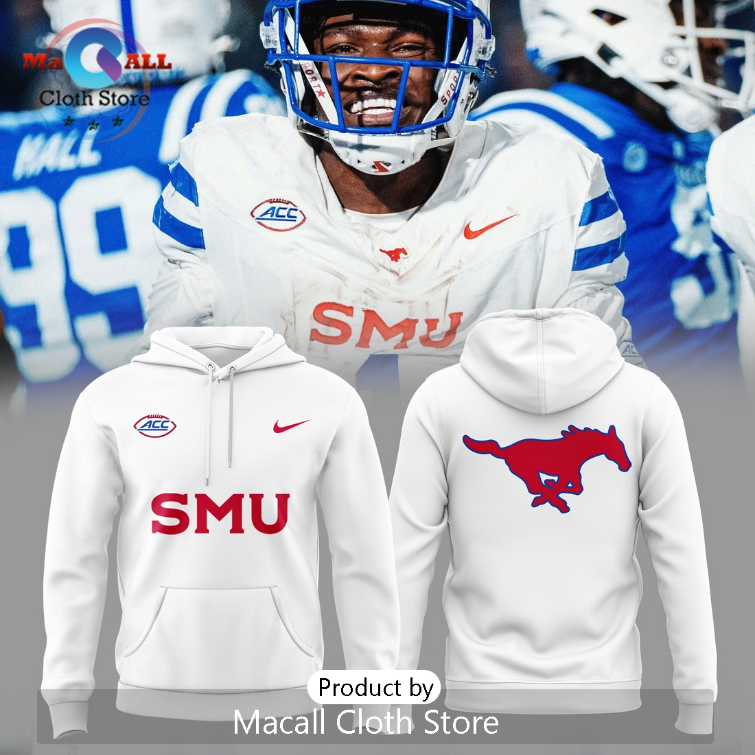 SMU Mustangs Football White Hoodie 3D