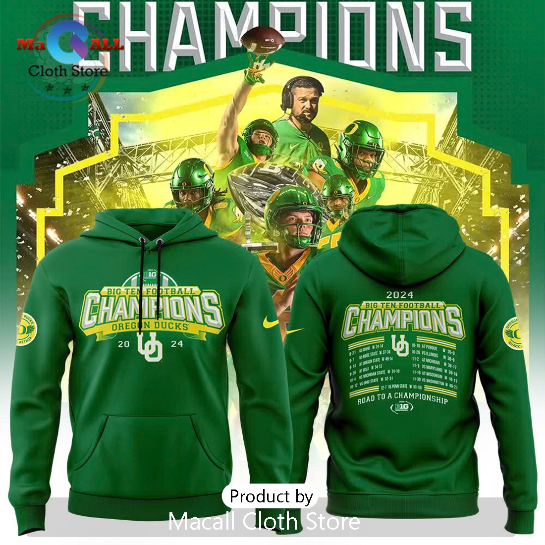 Oregon Ducks 2024 Big Ten Football Green Hoodie 3D Oregon Ducks 2024 Big Ten Football Green Hoodie 3D