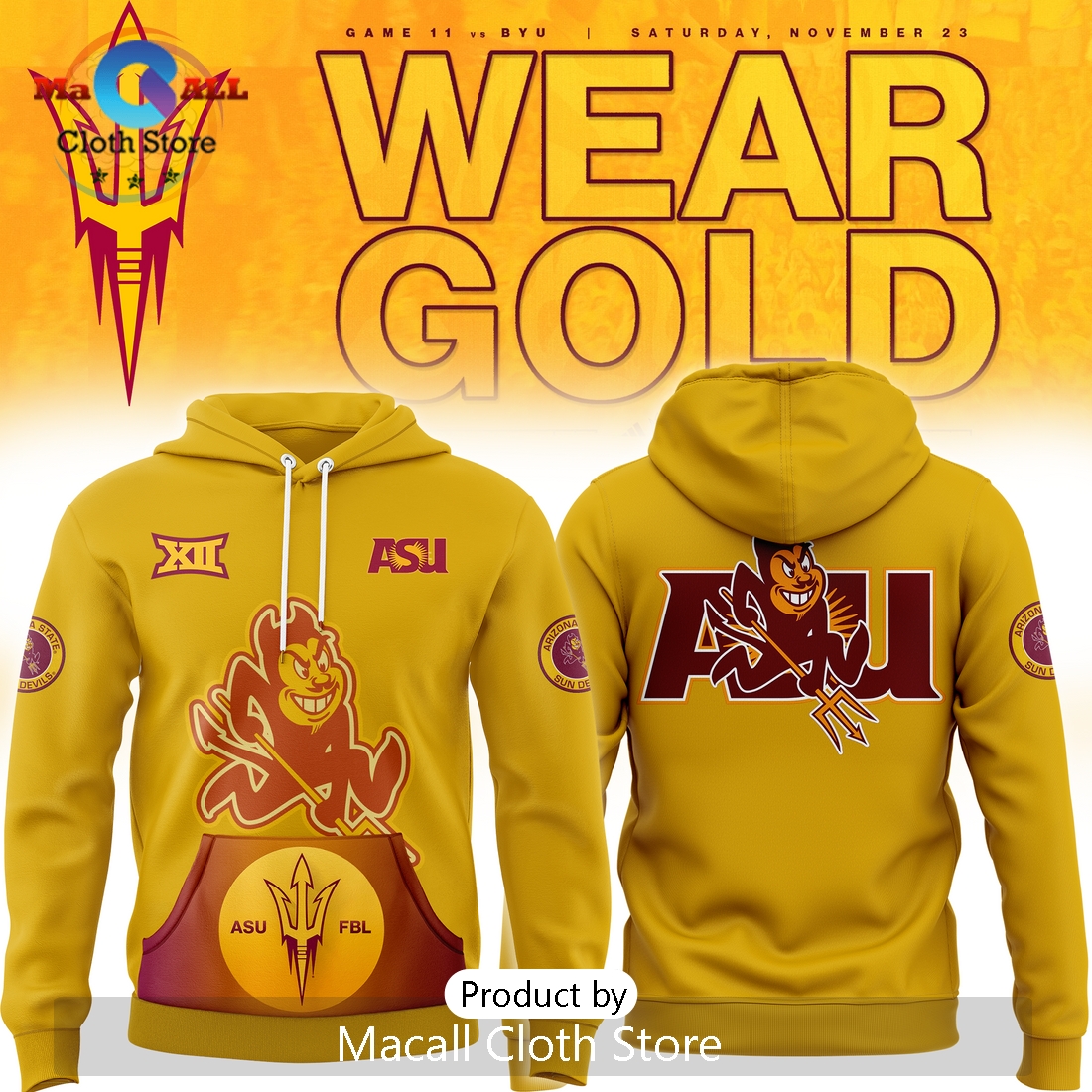Sun Devil Football 2025 Homecoming Gold Hoodie 3D