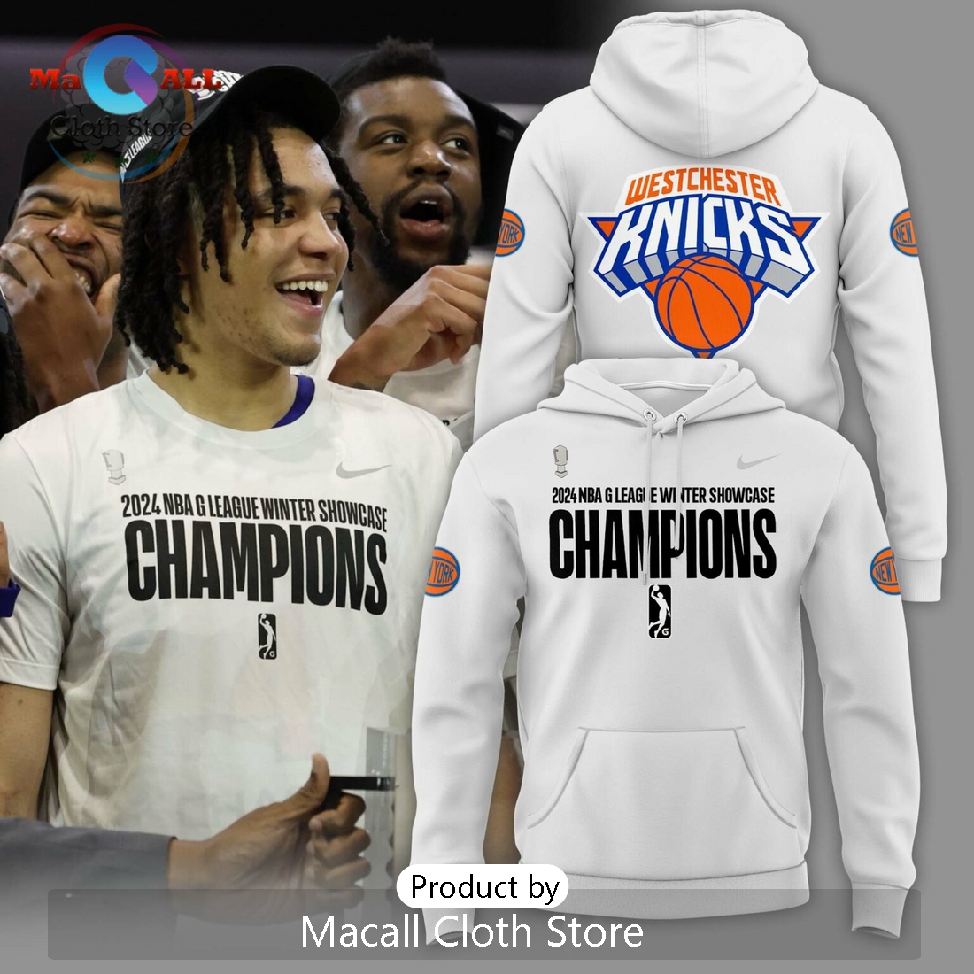 Westchester Knicks 2024 Winter Champions White Hoodie 3D