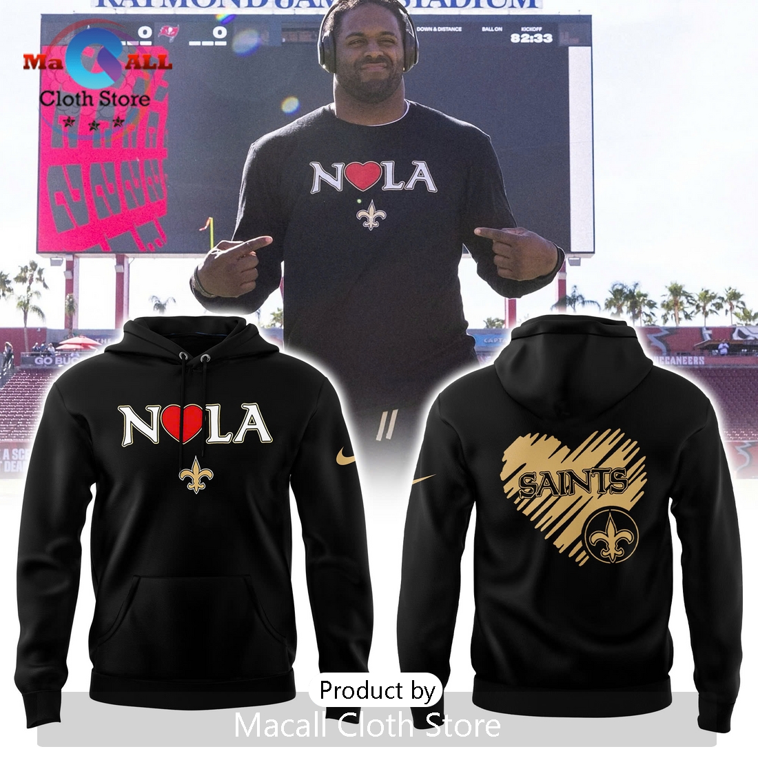 2025 New Orleans Saints NOLA Black Hoodie 3D