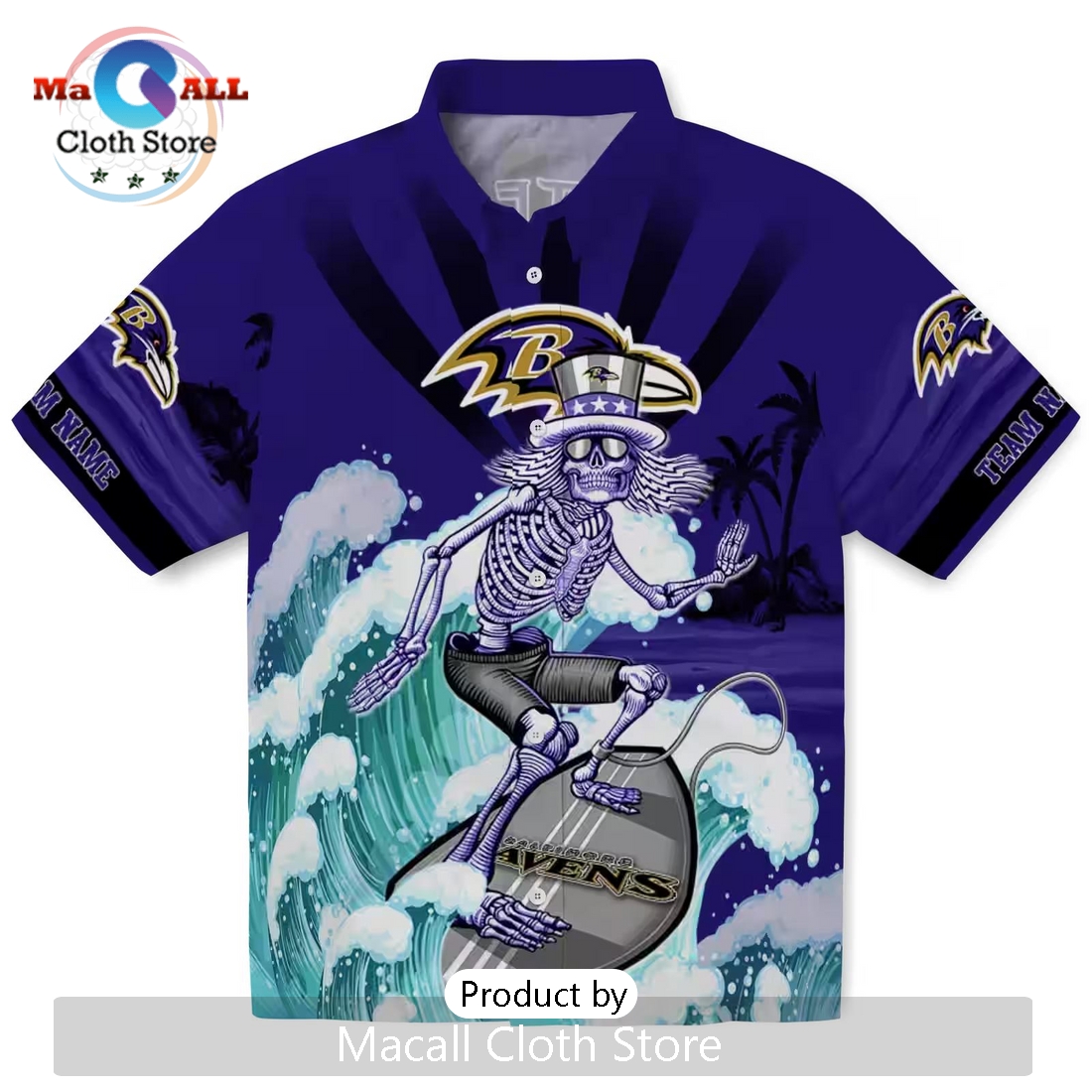 Custom Baltimore Ravens Surfing Skeleton Hawaiian Shirt