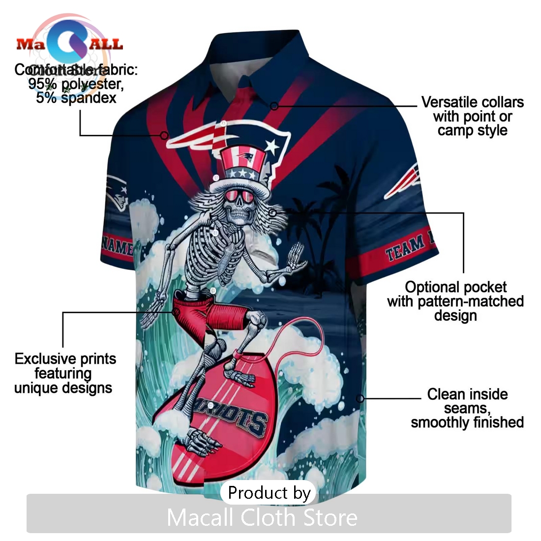 New England Patriots Surfing Skeleton Hawaiian Shirt New England Patriots Surfing Skeleton Hawaiian Shirt