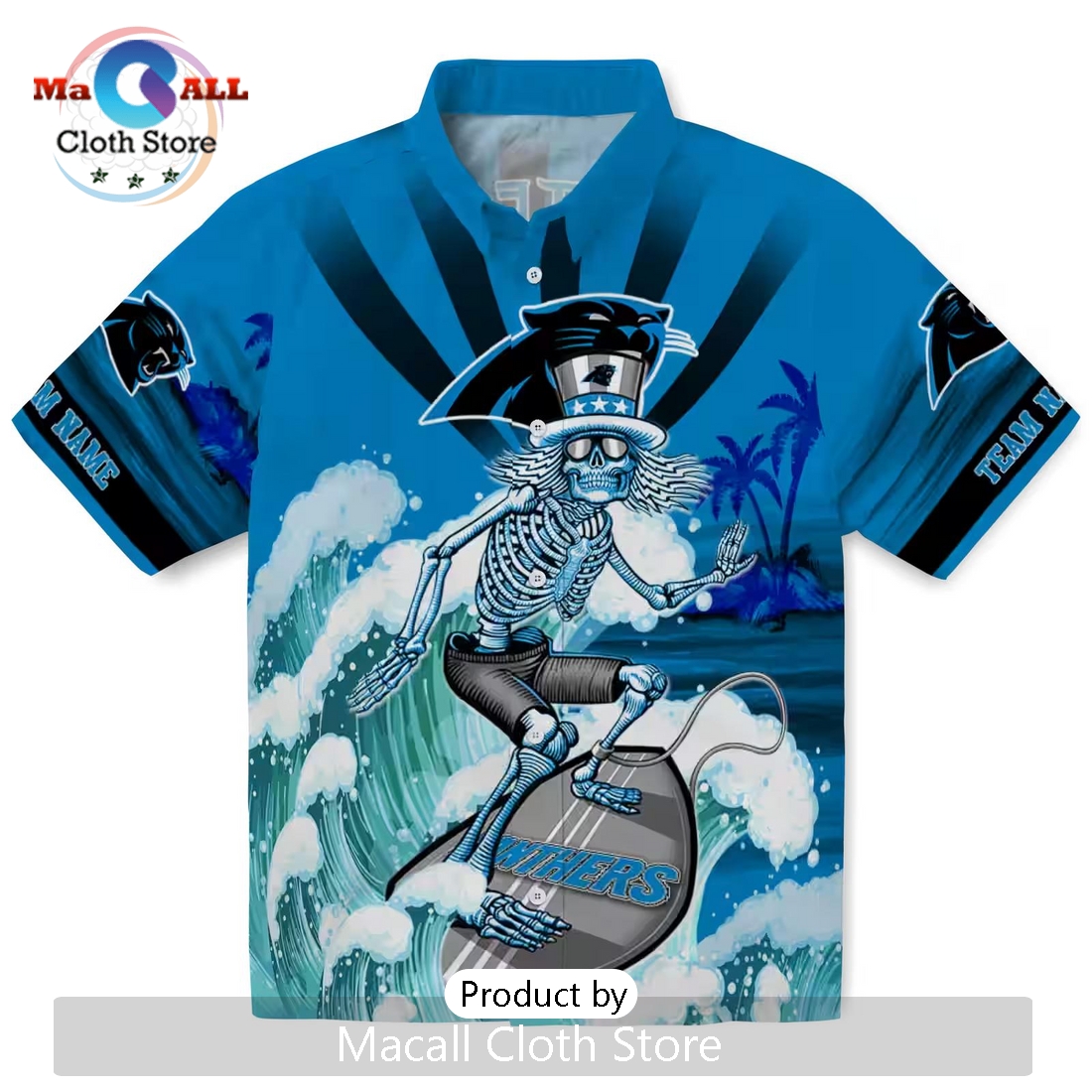 Personalized Carolina Panthers Surfing Skeleton Hawaiian Shirt