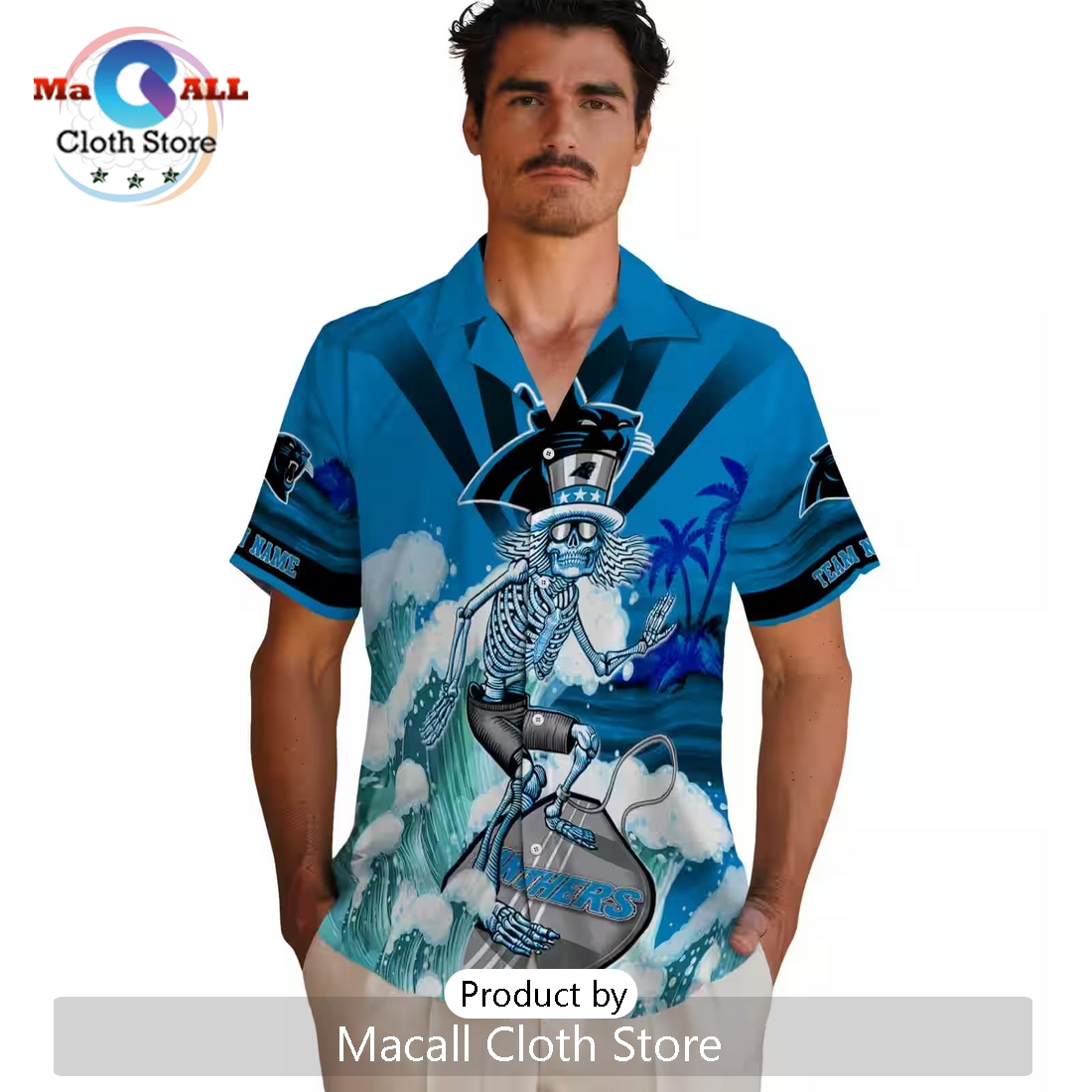 Personalized Carolina Panthers Surfing Skeleton Hawaiian Shirt