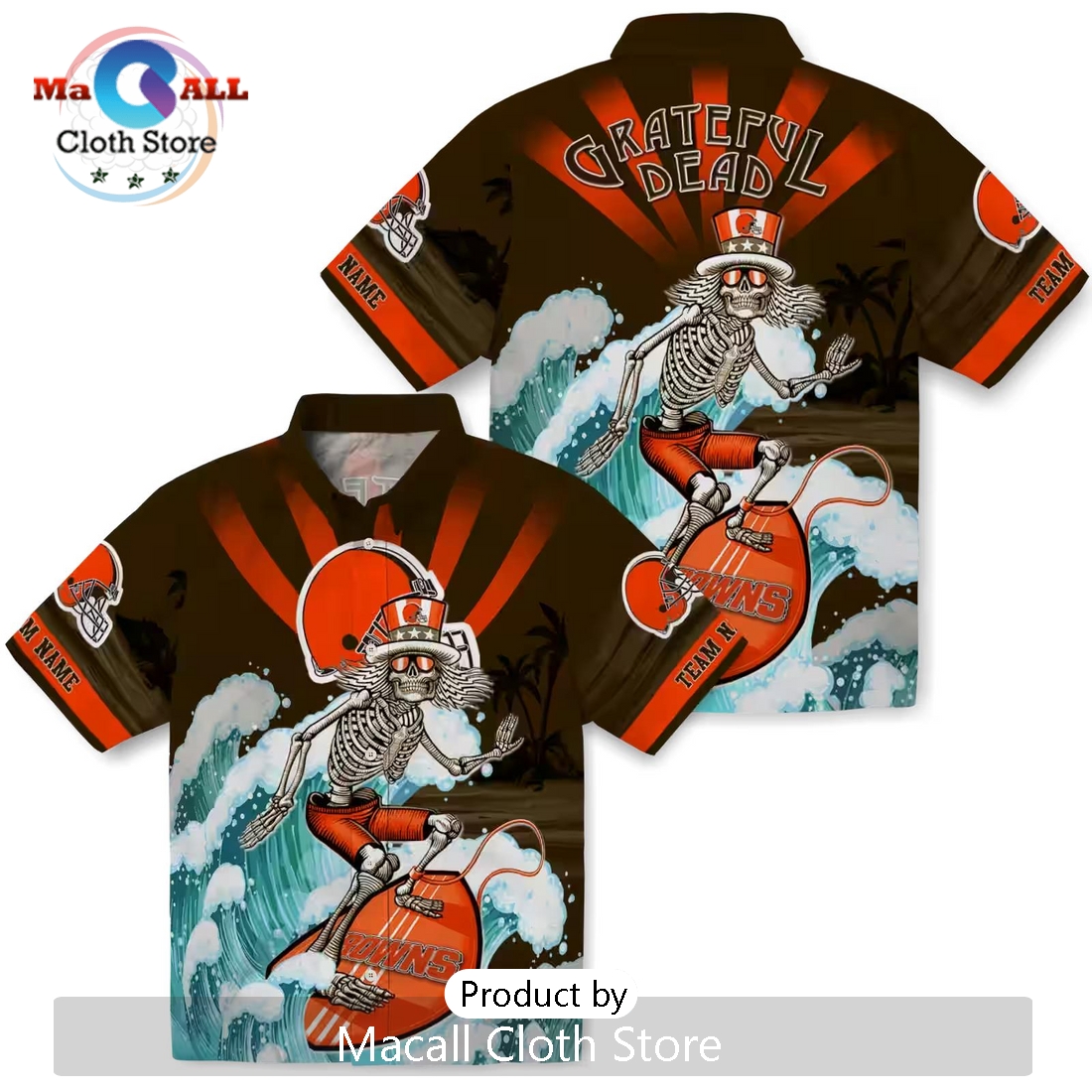 Personalized Cleveland Browns Surfing Skeleton Hawaiian Shirt Personalized Cleveland Browns Surfing Skeleton Hawaiian Shirt