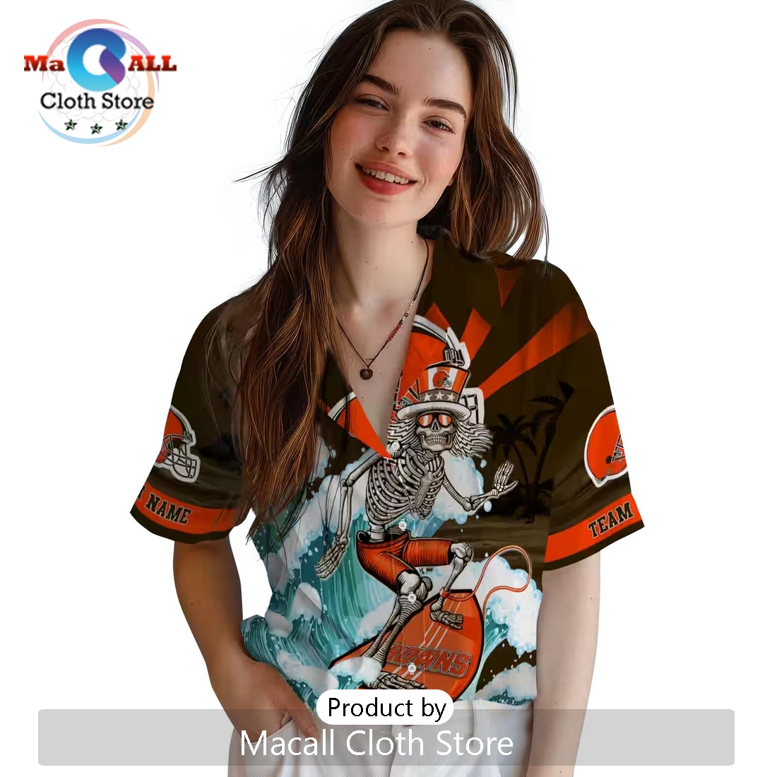 Personalized Cleveland Browns Surfing Skeleton Hawaiian Shirt Personalized Cleveland Browns Surfing Skeleton Hawaiian Shirt