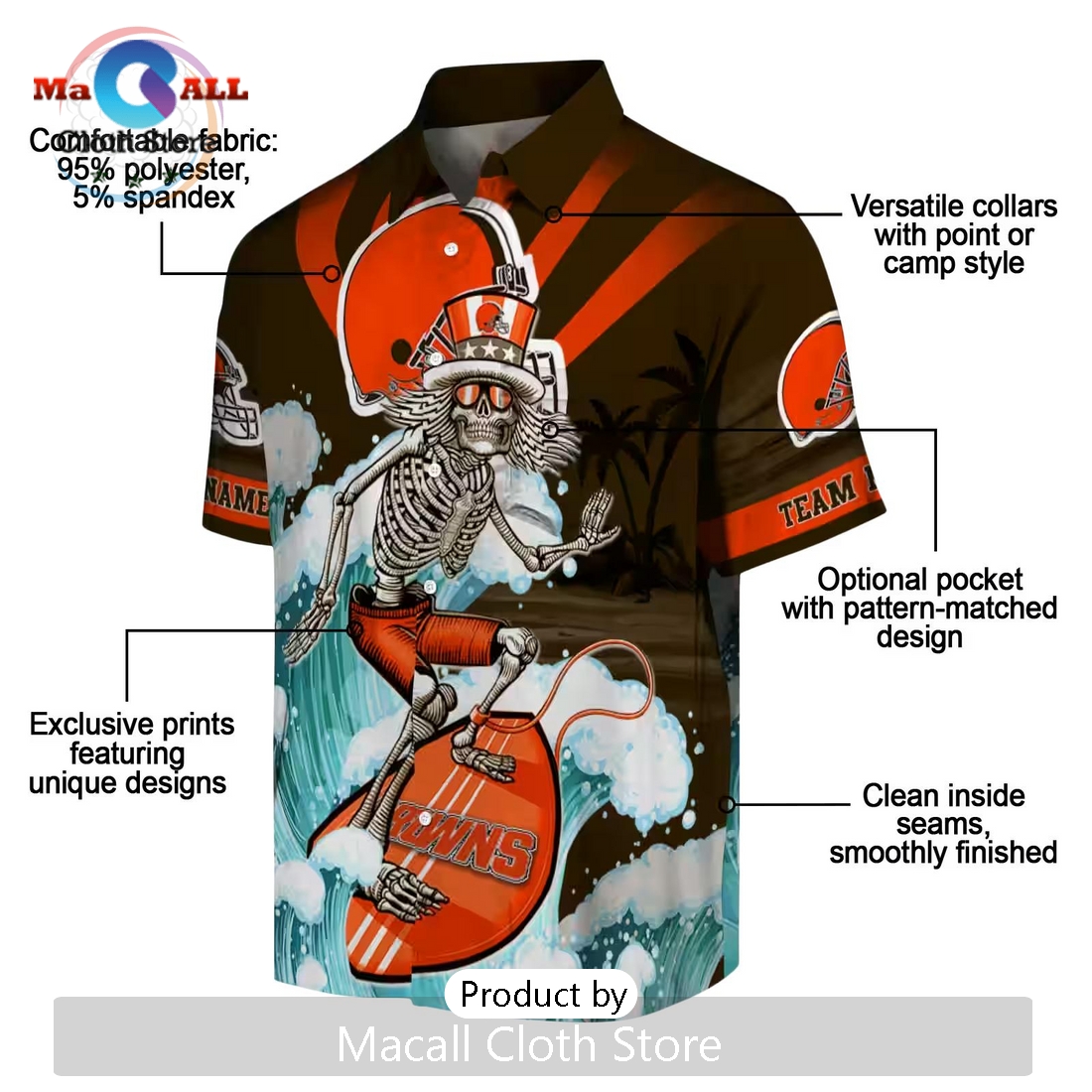 Personalized Cleveland Browns Surfing Skeleton Hawaiian Shirt Personalized Cleveland Browns Surfing Skeleton Hawaiian Shirt