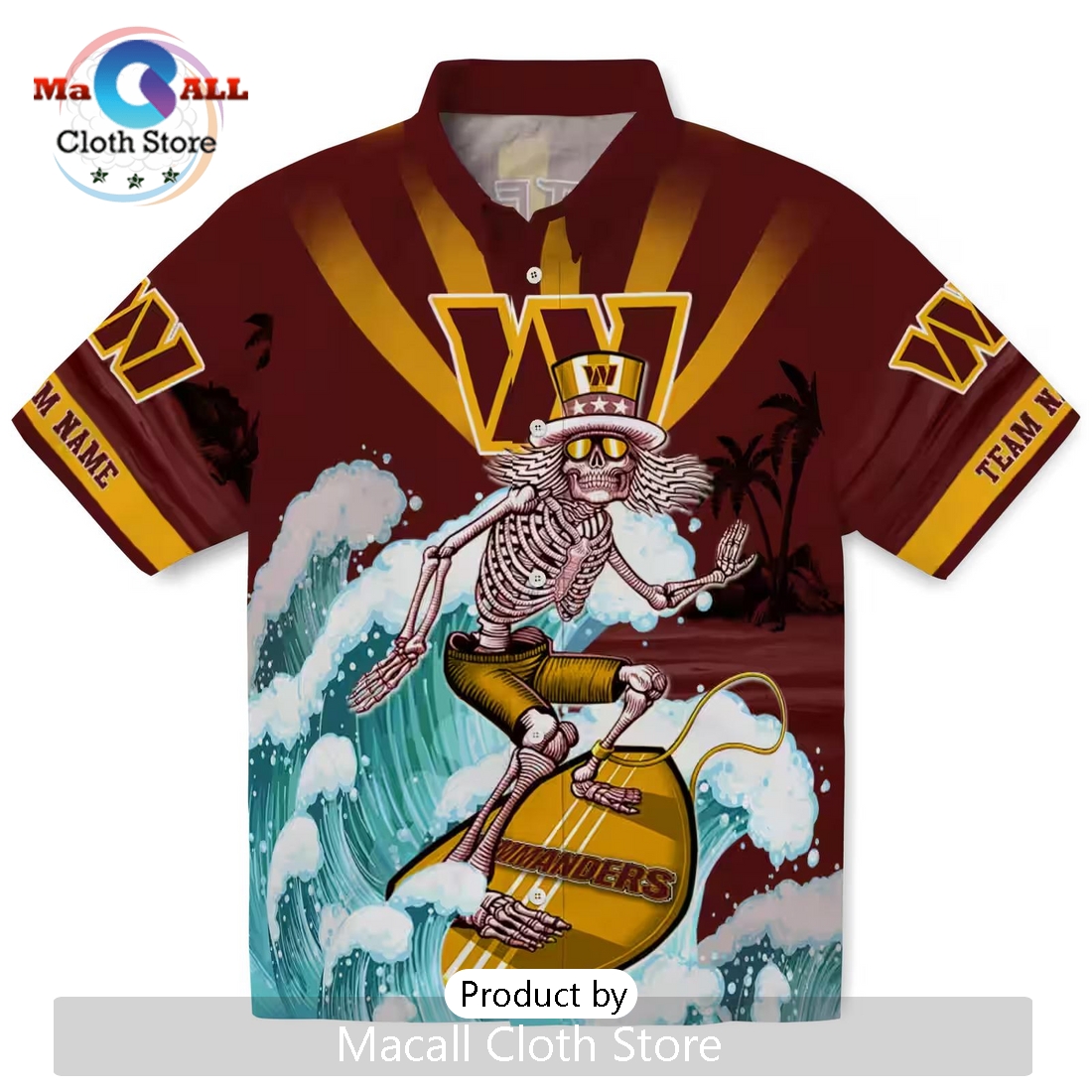 Washington Commanders Surfing Skeleton Burgundy Hawaiian Shirt