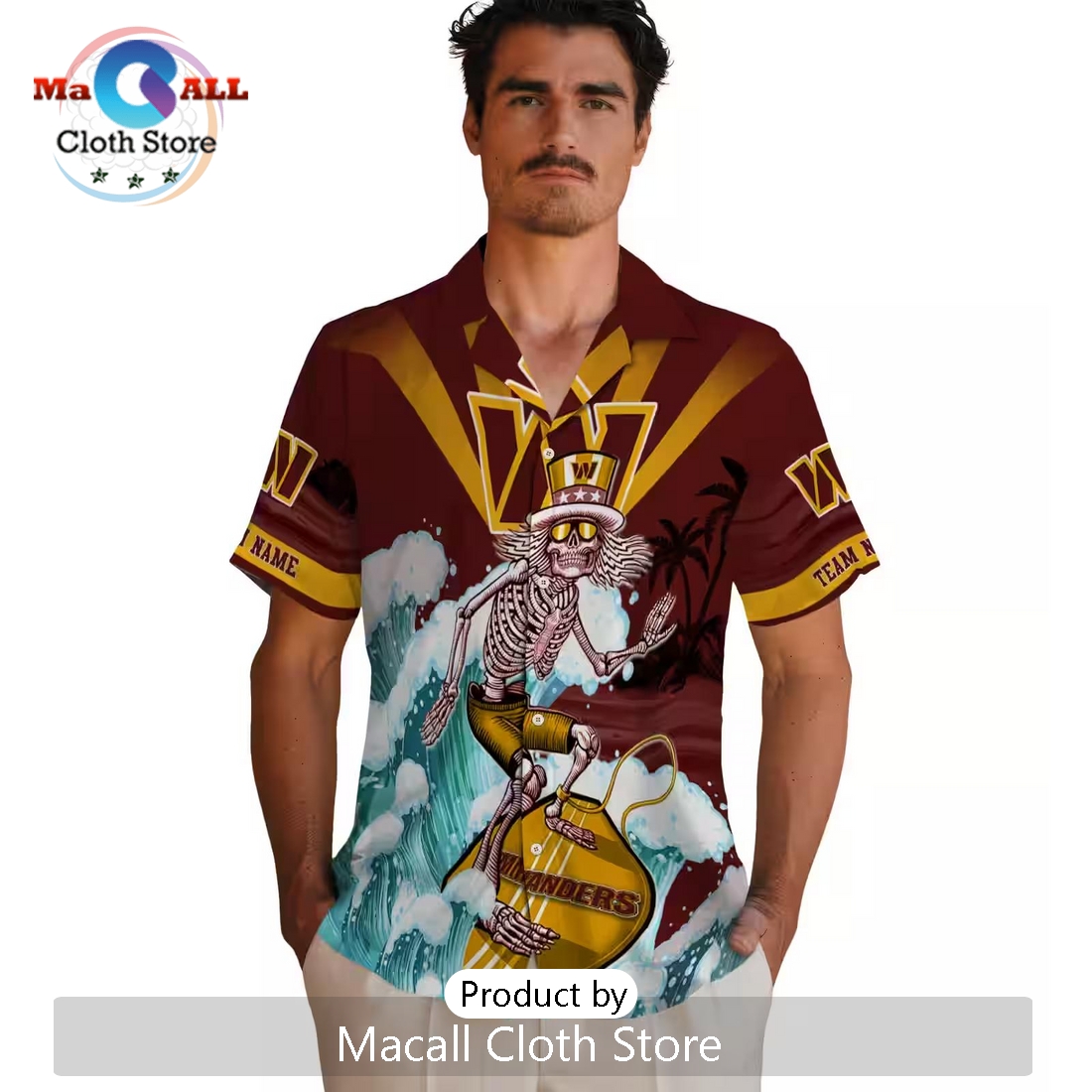 Washington Commanders Surfing Skeleton Burgundy Hawaiian Shirt