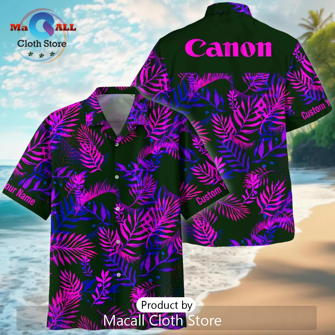 Canon Neon Violet Palm Trees Photography Summer Hawaiian Shirt