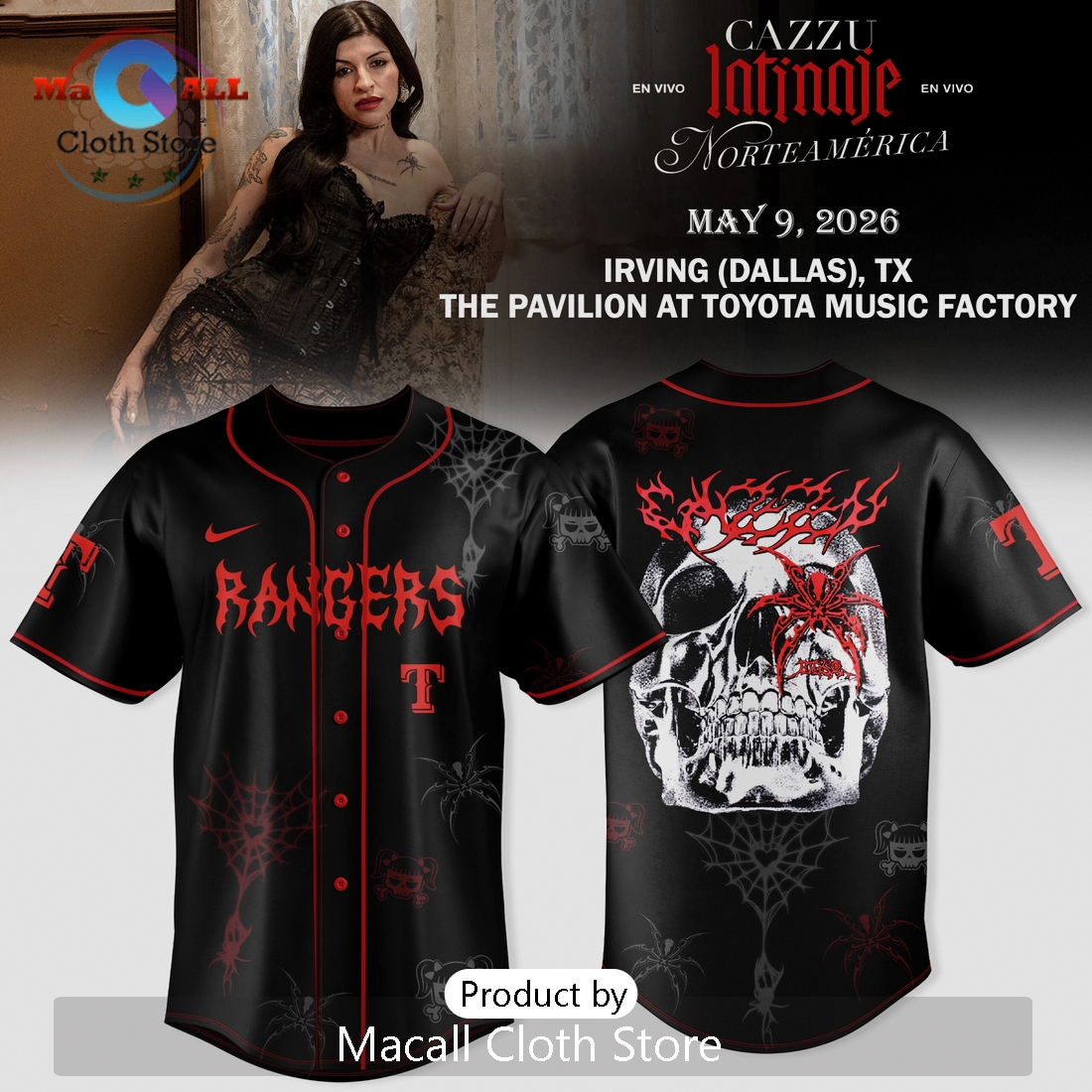 Rangers Cazzu Latinaje Tour 2026 Spider Skull Graphic Baseball Jersey