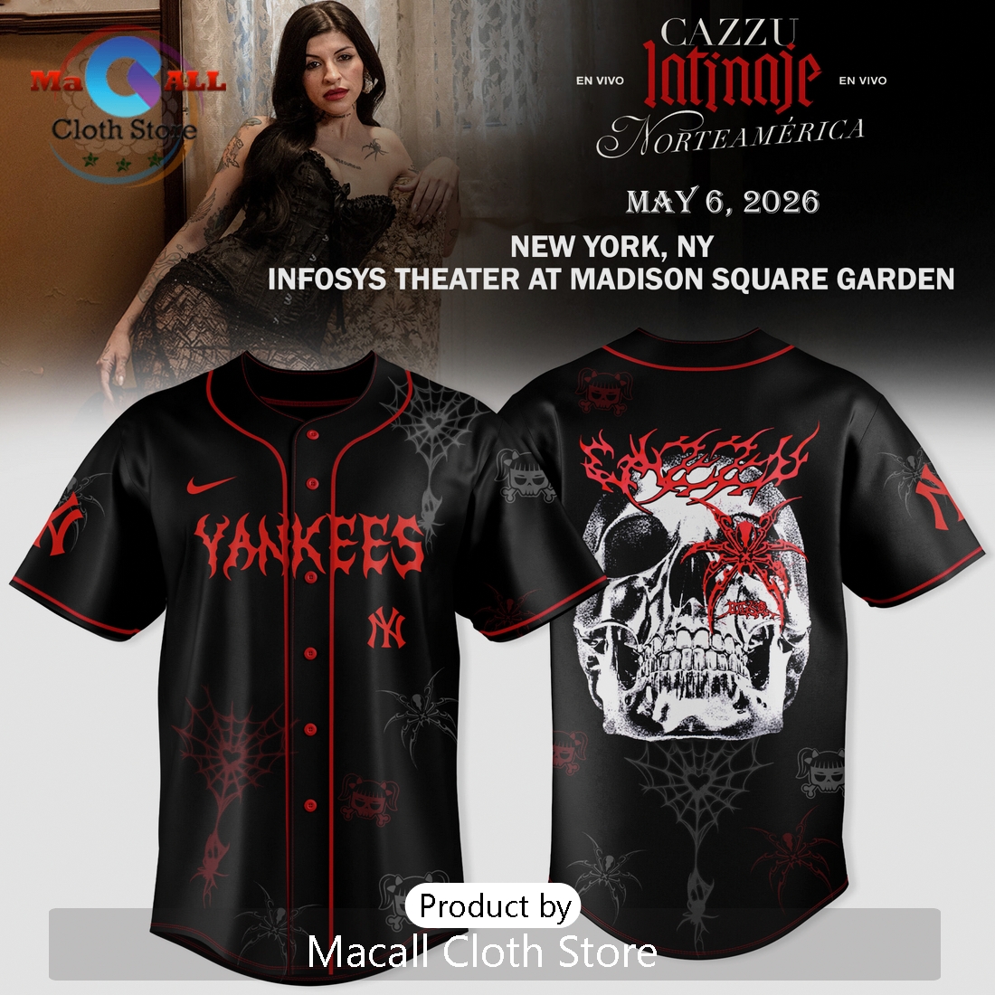 NY Yankees Cazzu Latinaje Tour 2026 Skull Spider Baseball Jersey