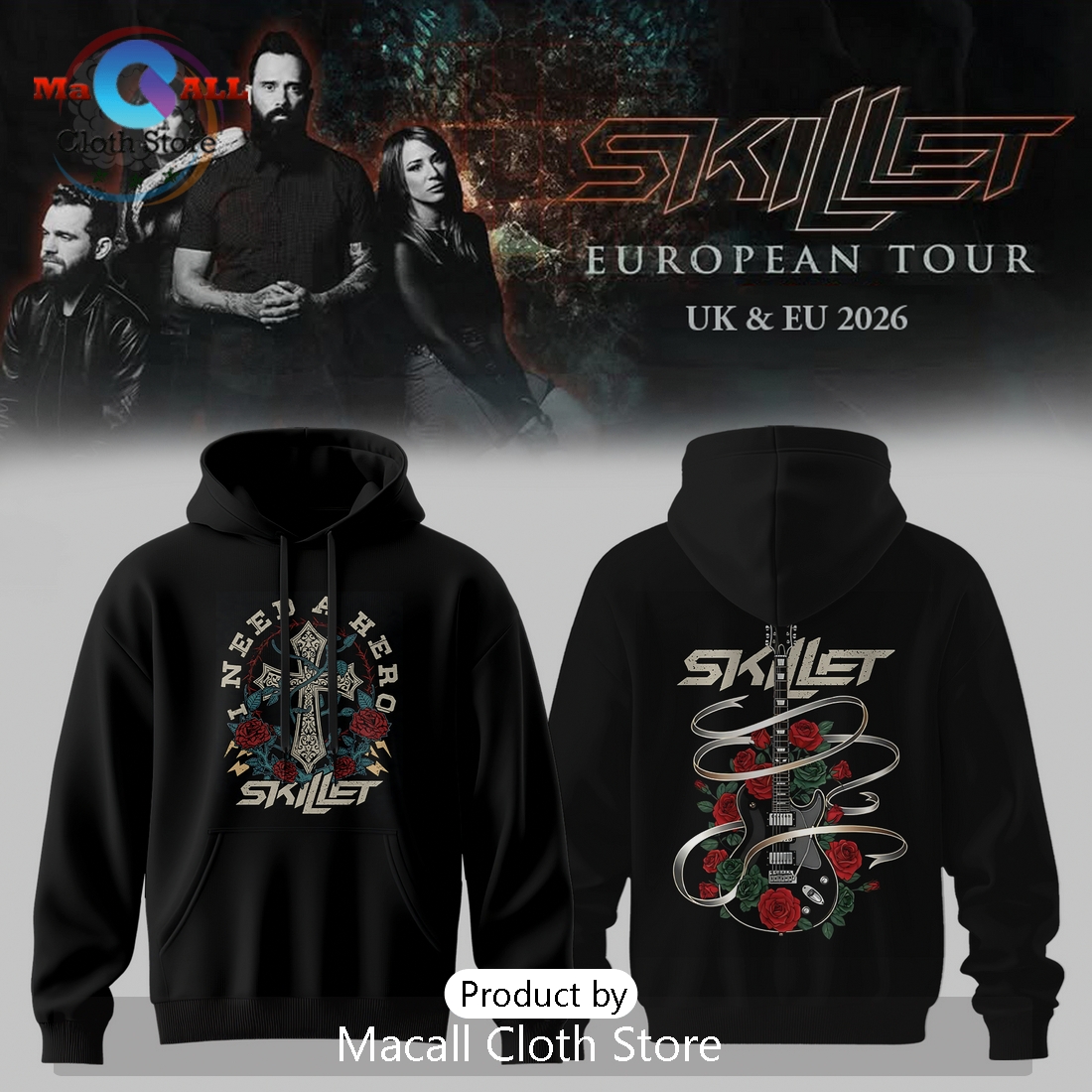 Skillet Band Graphic I Need A Hero European Tour 2026 Black Hoodie