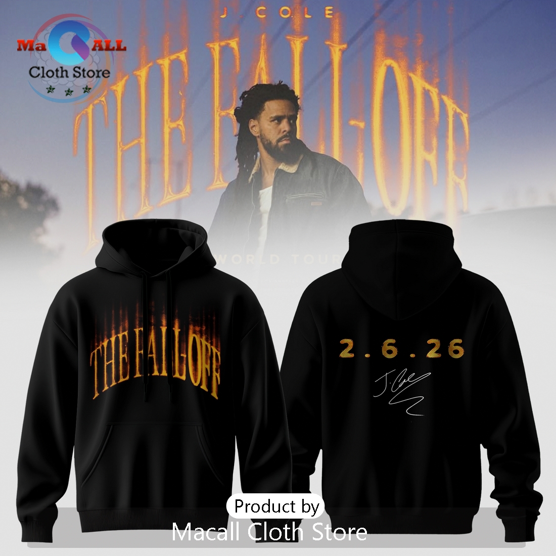 J. Cole The Fall Off World Tour 2026 Signature Black Pullover Hoodie