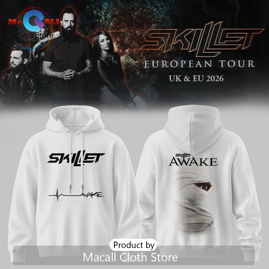 Skillet Awake Band 2026 European Tour Music Album Art White Hoodie