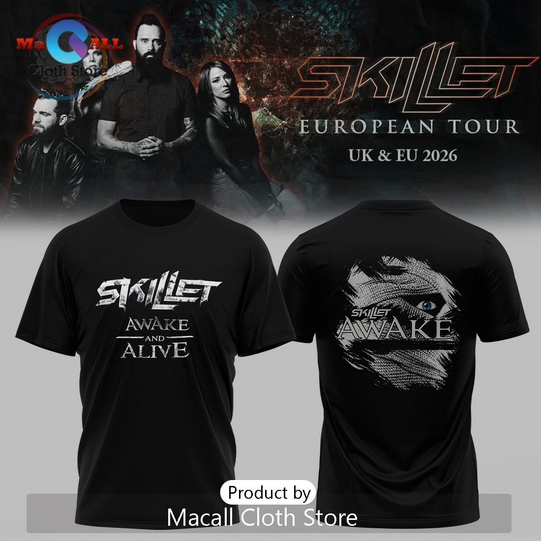 Skillet Awake and Alive Tour 2026 Band Logo Graphic Black T-Shirt
