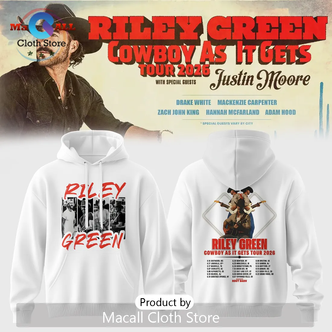 Riley Green Cowboy As It Gets Tour 2026 Country Concert Hoodie