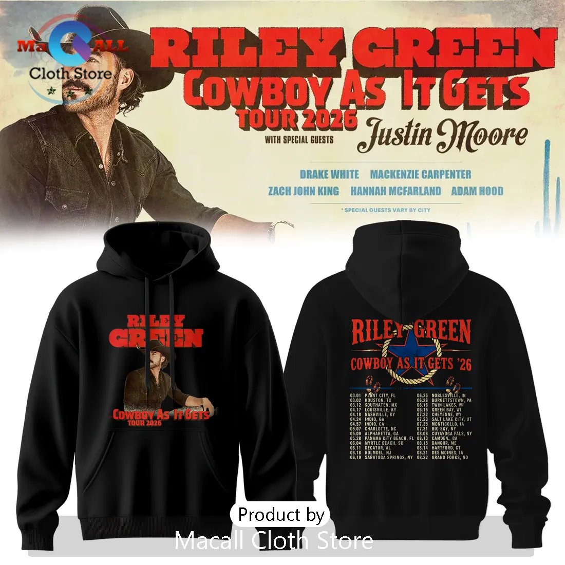 Riley Green Cowboy As It Gets 2026 Tour Dates Graphic Hoodie